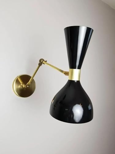 The NAUTIACL Decor Pair of Adjustable 1950 Italian Brass + Black Enamel 'Ludo' Wall Sconce Black Lamp