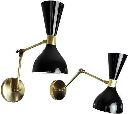 The NAUTIACL Decor Pair of Adjustable 1950 Italian Brass + Black Enamel 'Ludo' Wall Sconce Black Lamp