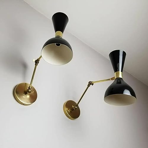 The NAUTIACL Decor Pair of Adjustable 1950 Italian Brass + Black Enamel 'Ludo' Wall Sconce Black Lamp