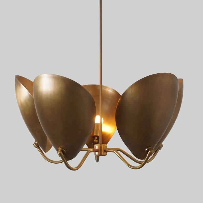 The Nautical Decor 5 Light Curved Disk Shades Handmade Mid Century Modern Brass Chandelier Fixture