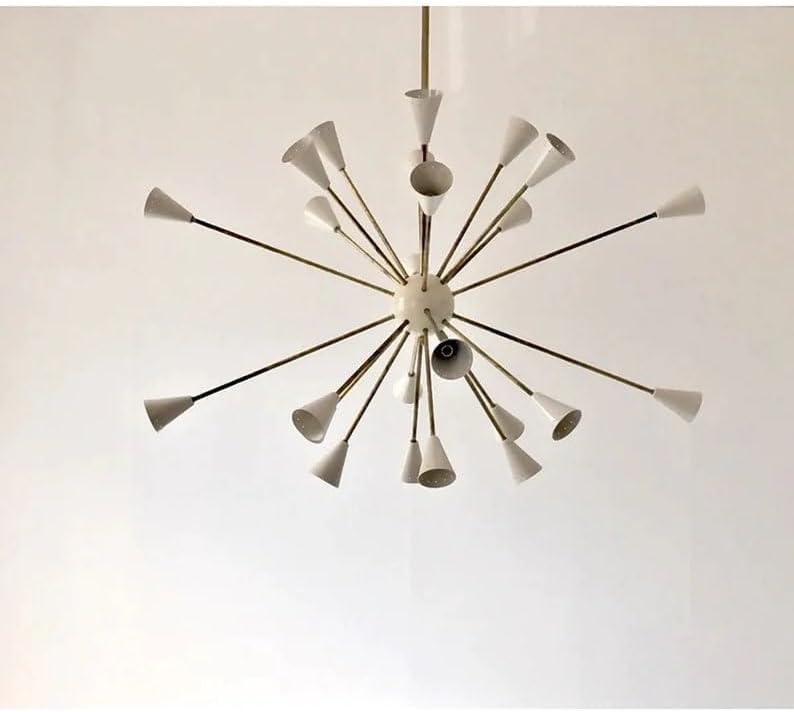 Luz estilo Stilnovo de 24 luces - Lámpara de araña moderna de mediados de siglo Blanco perfecto- Lámpara de araña italiana de latón crudo - Luz de techo