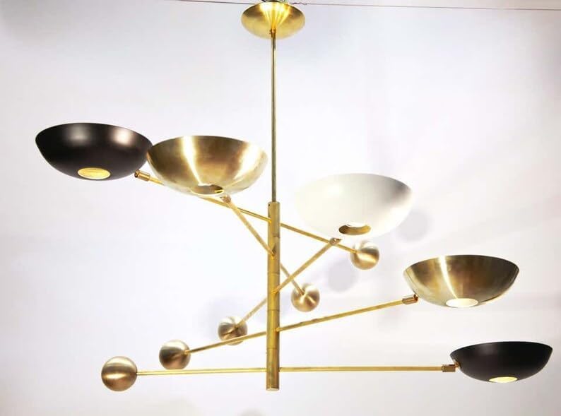 The Nautical Decor Orbitale Brass Chandelier 5 Rotating Balanced Arms, Style, Brass Shades