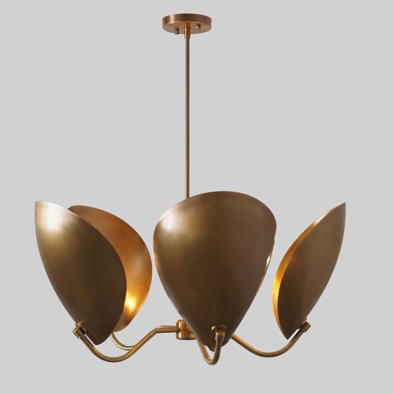 The Nautical Decor 5 Light Curved Disk Shades Handmade Mid Century Modern Brass Chandelier Fixture