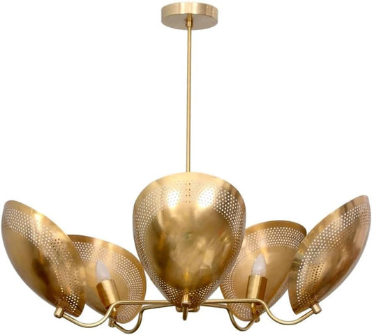 The Nautical Decor 5 Light Curved Perforated Shades Pendant Mid Century Modern Raw Brass Sputnik Chandelier Light Fixture